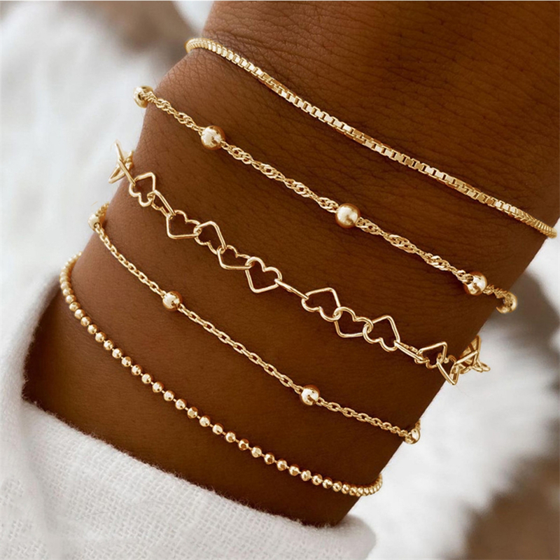 Conjunto De 5 Peças De Pulseiras De Corrente De Cobre Unissex Moda Minimalista Link Manguito Joias E